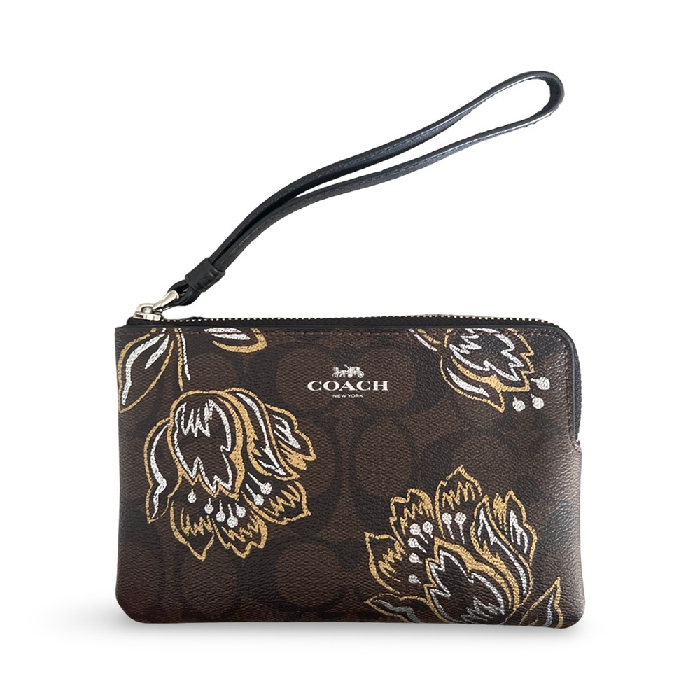 Coach Wristlet with Gold & Silver Tulip Print on Brown & Black C Monogram